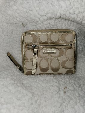 Coach Signature Canvas Zip Wallet in Metallic Gold